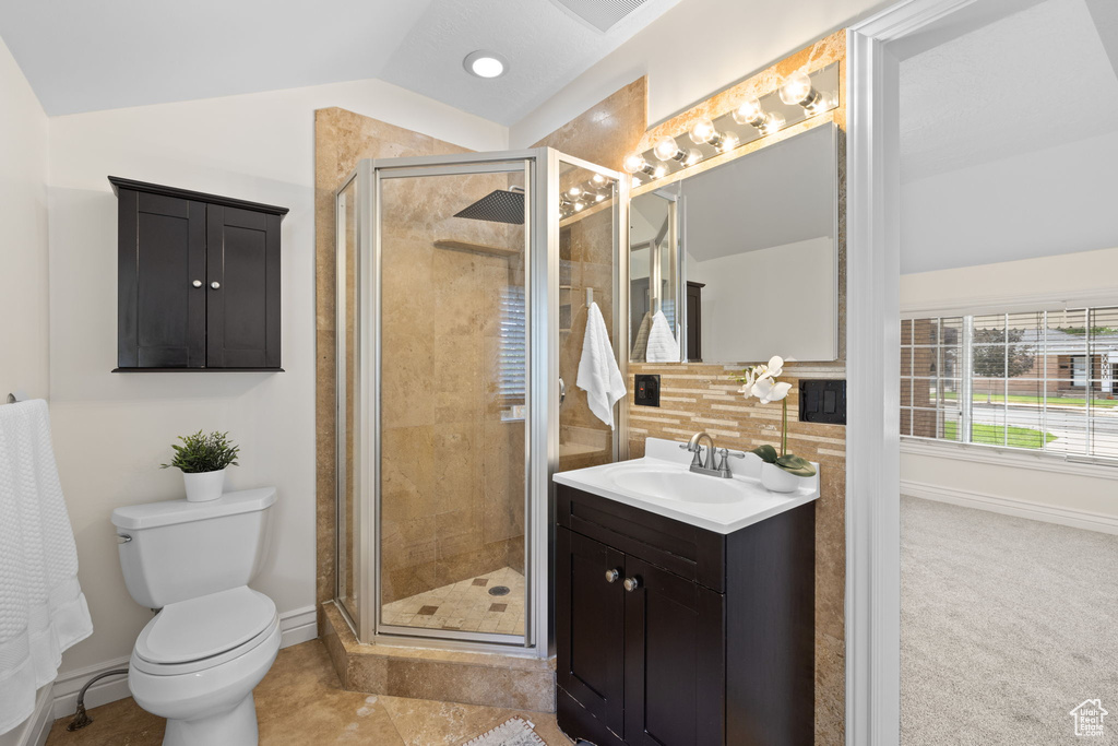 Bathroom featuring vanity, vaulted ceiling, and a stall shower