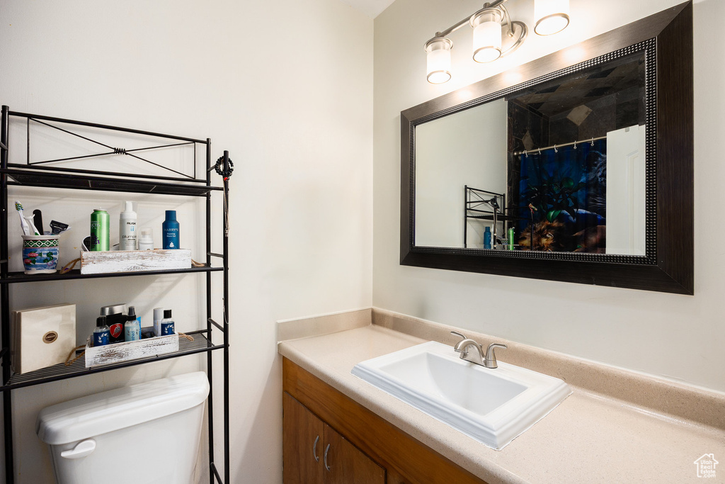 Full bathroom with vanity and a shower with shower curtain