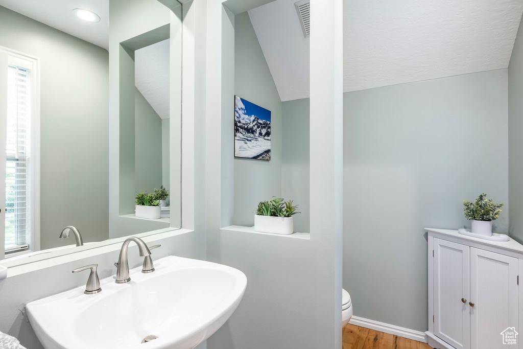 Half bathroom featuring wood finished floors and vaulted ceiling