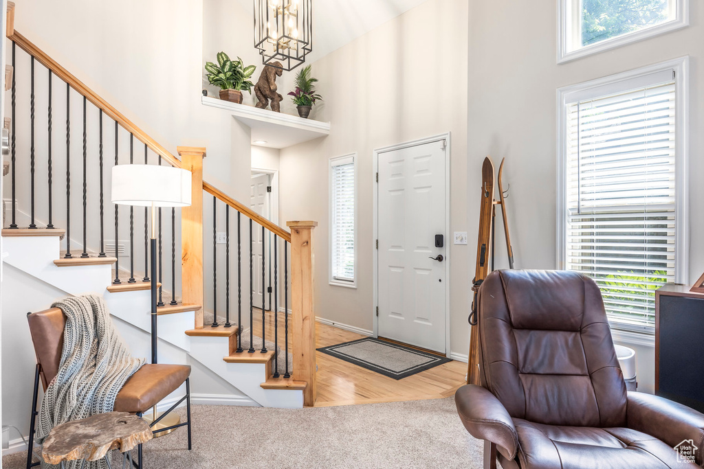 Carpeted entryway featuring stairway, a towering ceiling, and wood finished floors