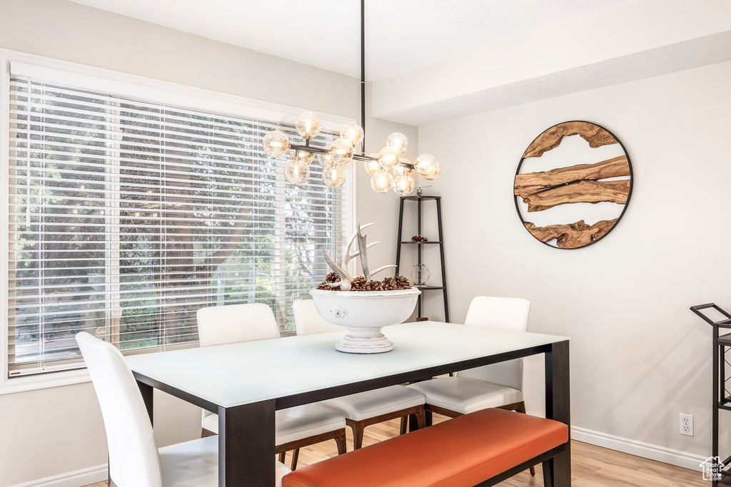Dining space featuring a chandelier, plenty of natural light, and light wood-type flooring