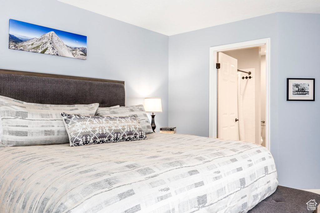 Carpeted bedroom featuring connected bathroom