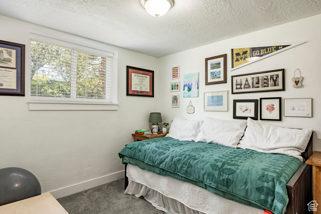 Bedroom featuring carpet flooring and a textured ceiling