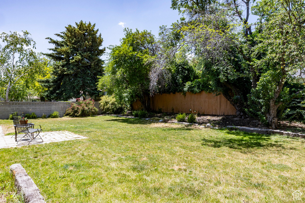 Fenced backyard with a patio area