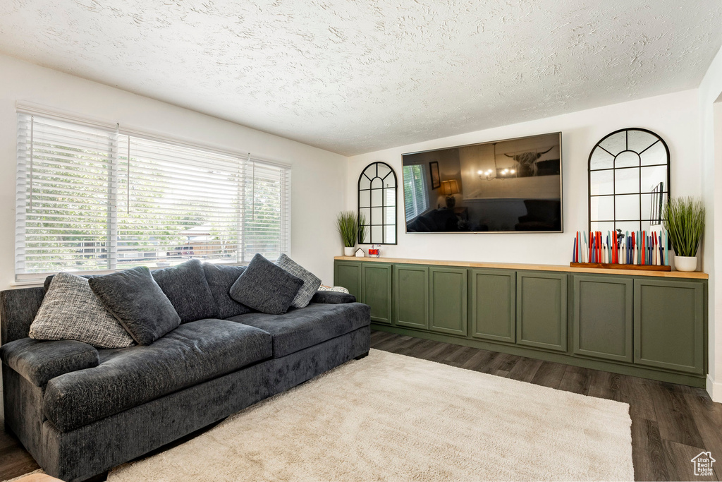 Living room with wood finished floors and a textured ceiling