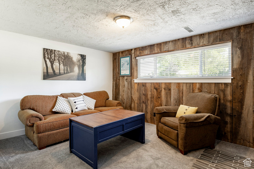 Living room featuring wood walls, light colored carpet, and a textured ceiling