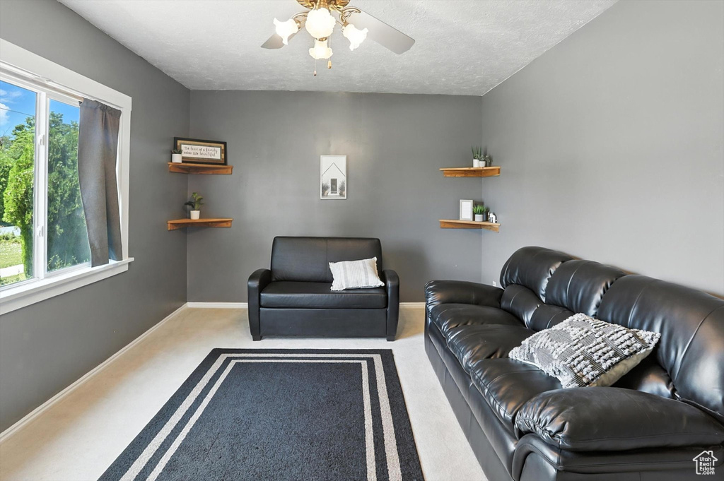 Living room featuring ceiling fan, carpet flooring, and a textured ceiling
