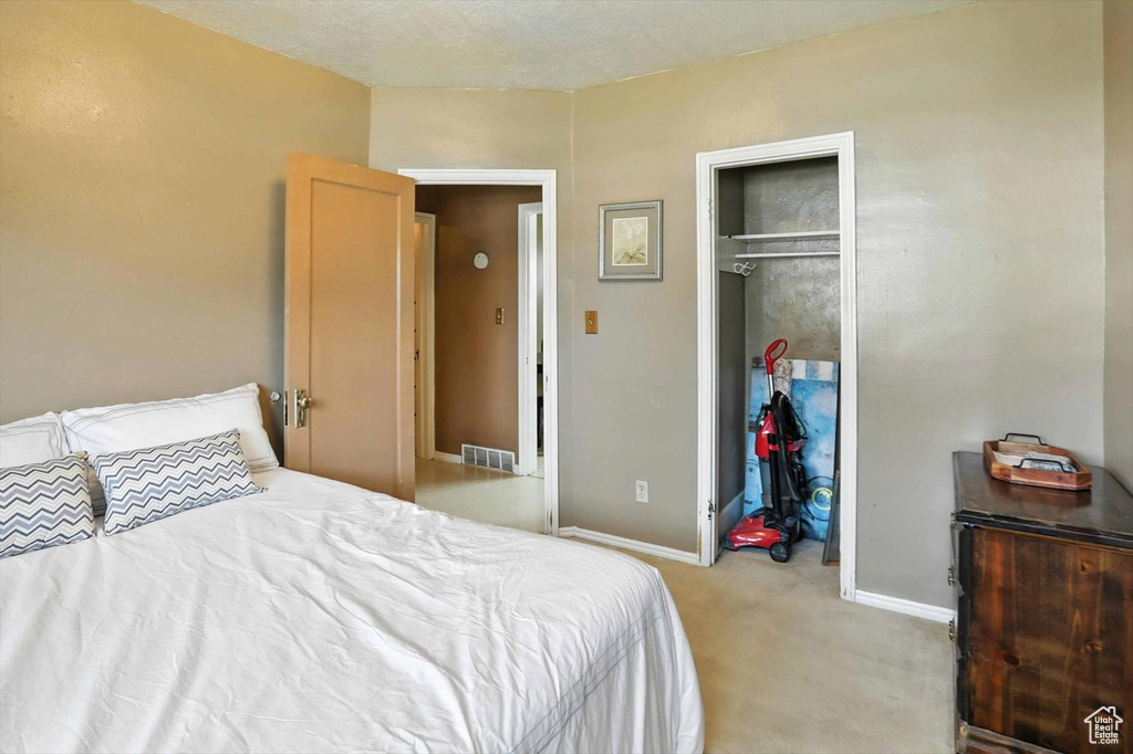Bedroom with light carpet and a closet