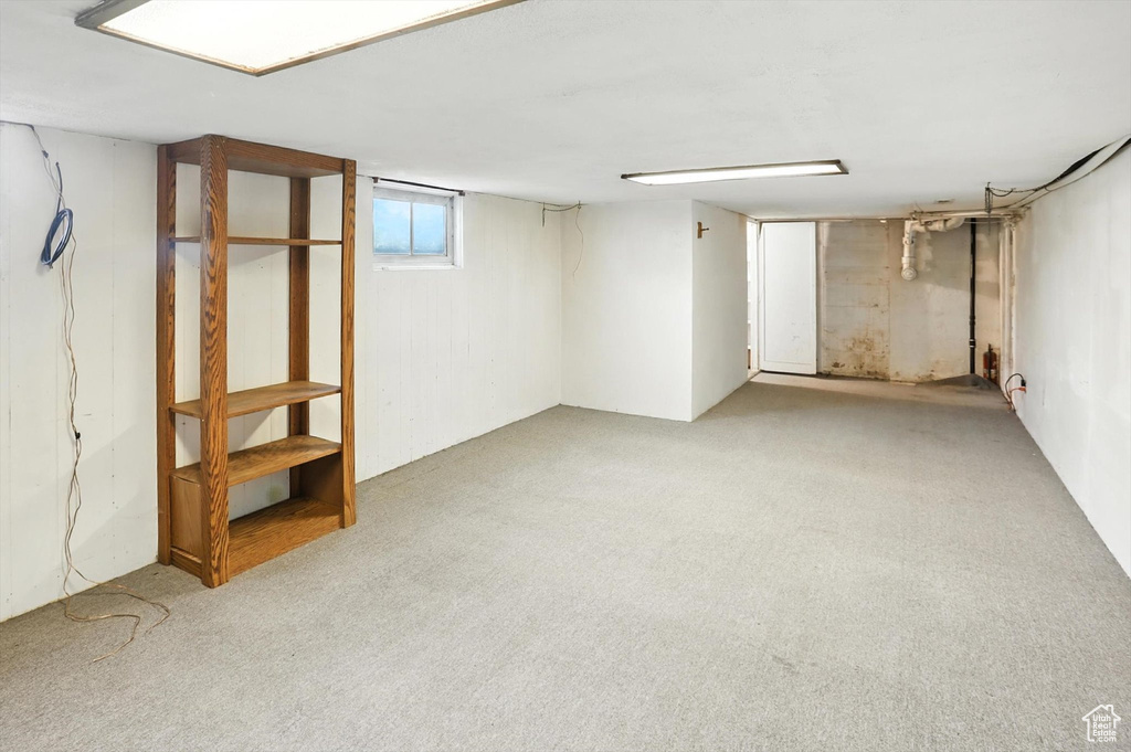 Basement with light colored carpet