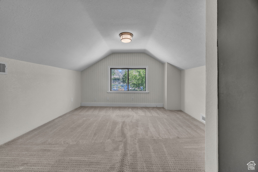 Additional living space featuring vaulted ceiling, a textured ceiling, and carpet floors