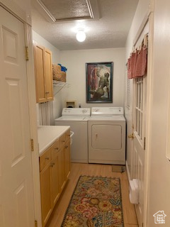 Washroom featuring cabinet space, washer and dryer, and light wood-type flooring