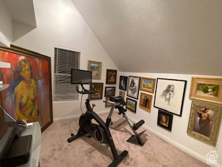 Workout room featuring lofted ceiling and carpet flooring