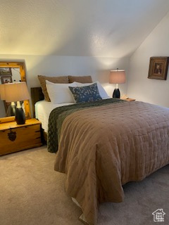 Bedroom with carpet floors and lofted ceiling