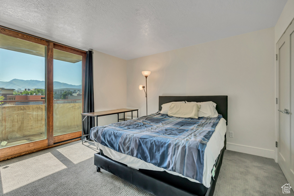 Bedroom featuring carpet, a mountain view, access to outside, and a textured ceiling