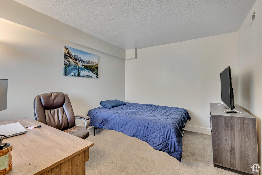 Bedroom featuring carpet and a textured ceiling