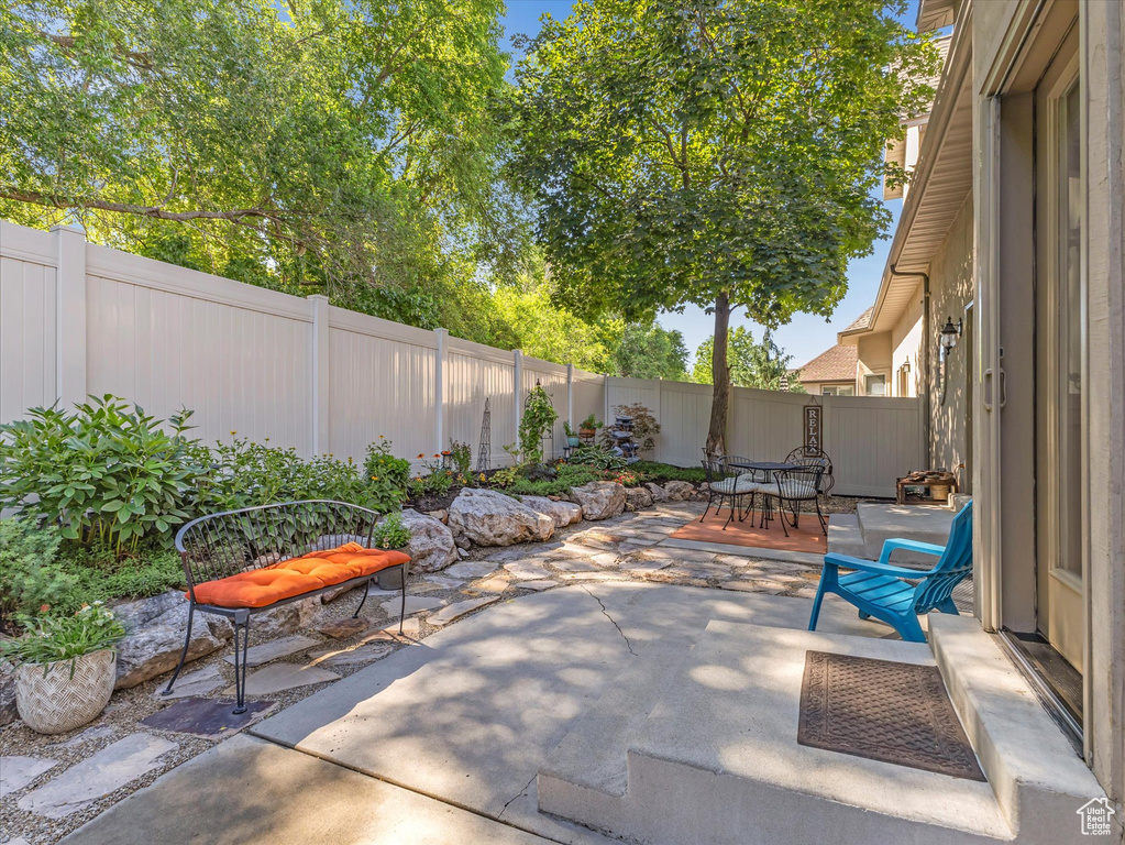 Fenced backyard featuring a patio and outdoor dining space