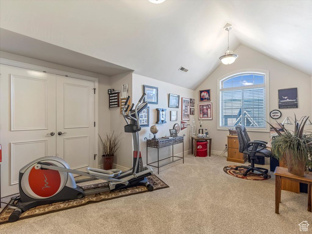 Workout room featuring carpet flooring and lofted ceiling