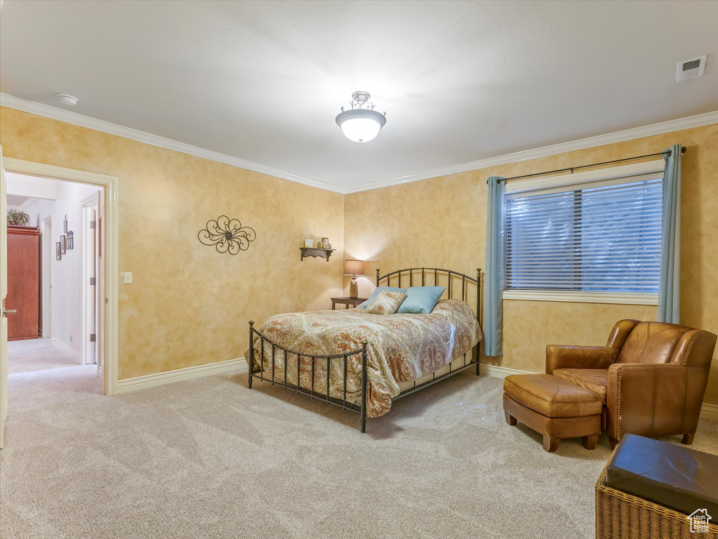 Bedroom with carpet floors and ornamental molding