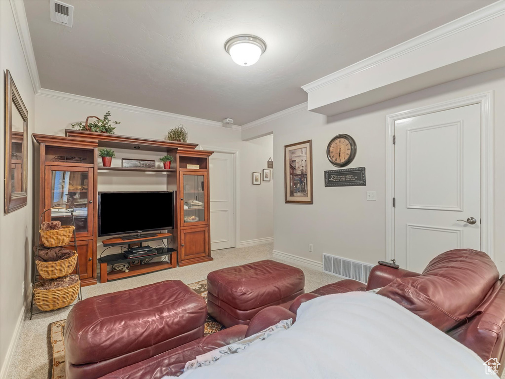 Living room with carpet floors and crown molding