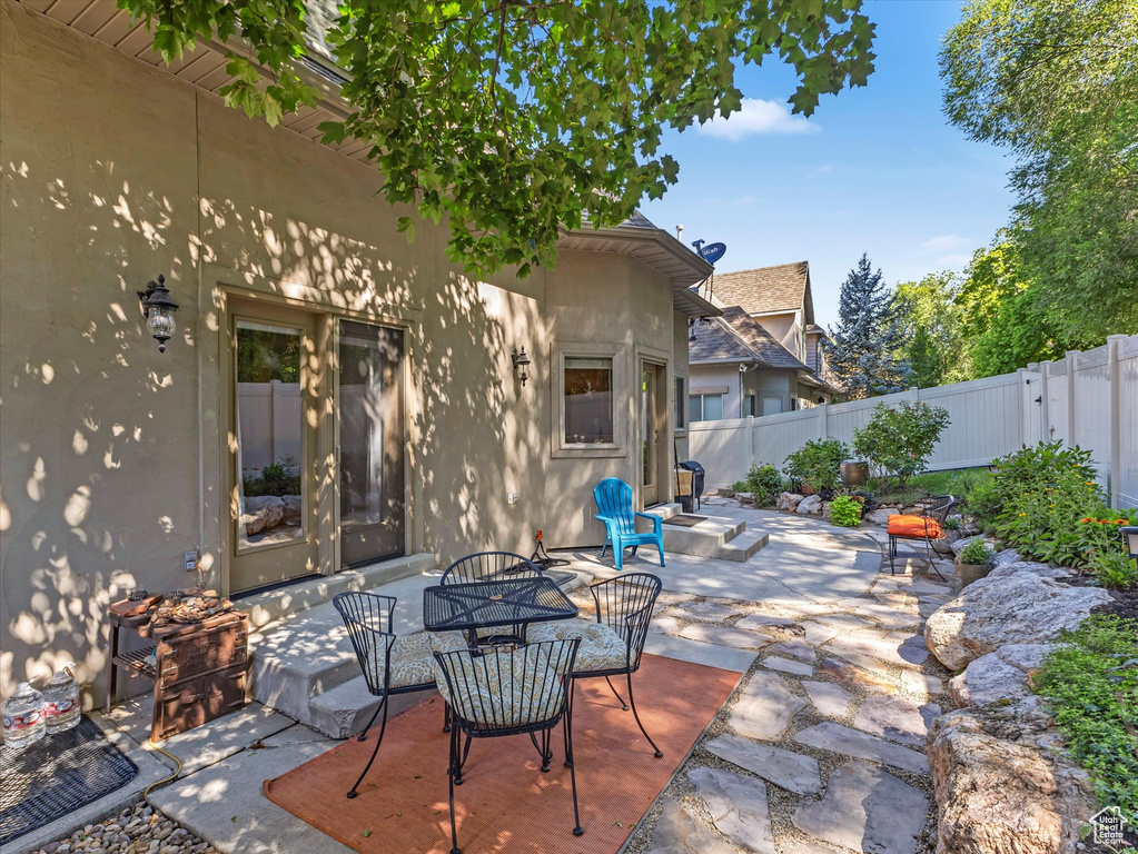 Fenced backyard featuring a patio