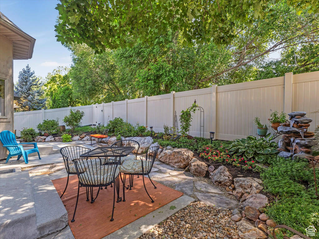 Fenced backyard featuring a patio area and outdoor dining space