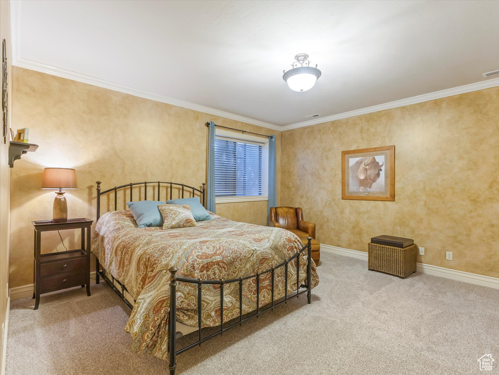 Bedroom with carpet floors and ornamental molding