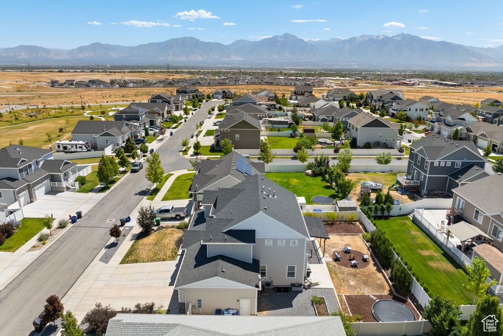 Aerial perspective of suburban area with mountains