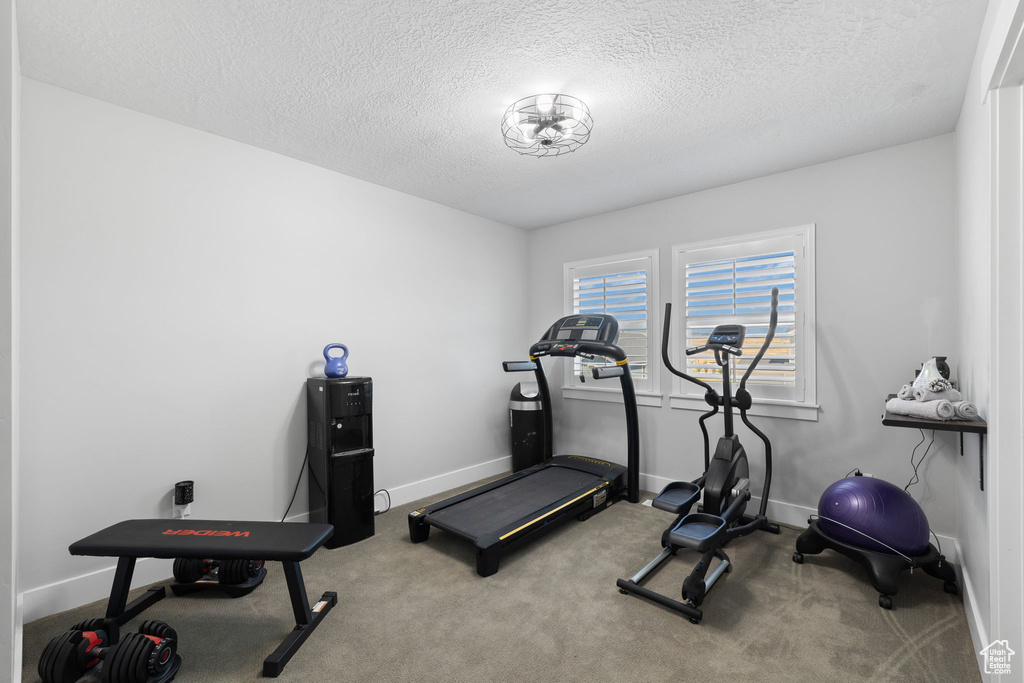Exercise area featuring a textured ceiling and carpet flooring