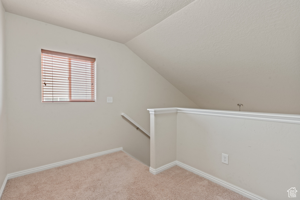 Additional living space with lofted ceiling, carpet floors, and a textured ceiling