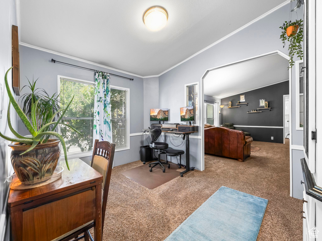 Office space featuring carpet, lofted ceiling, and crown molding