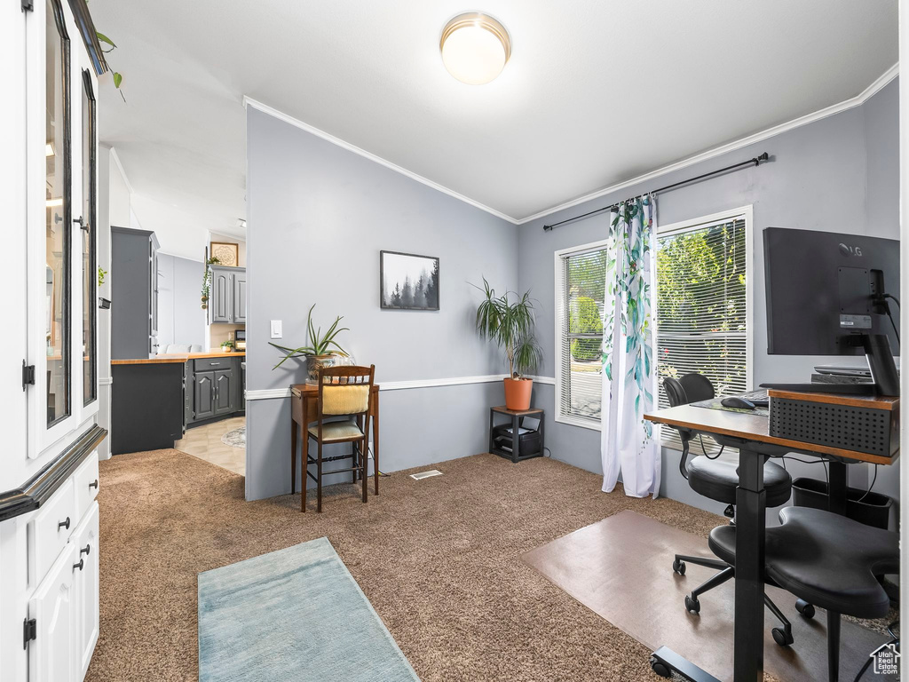 Office space featuring light carpet, vaulted ceiling, and crown molding