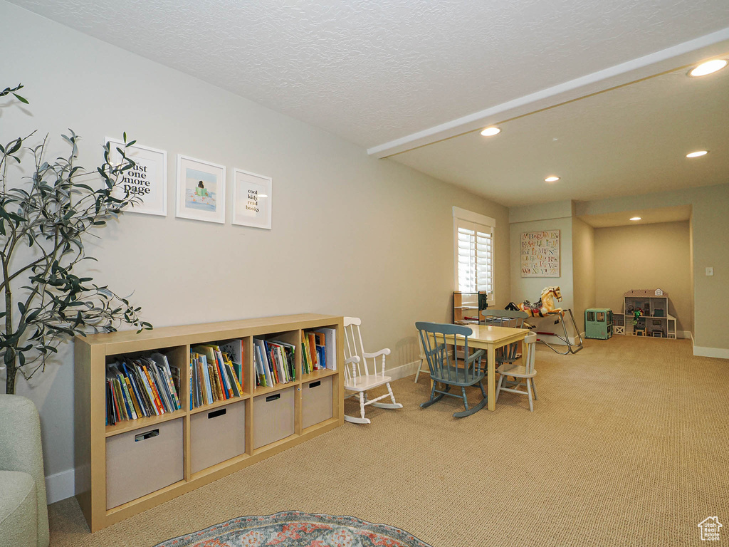 Playroom with carpet floors and recessed lighting