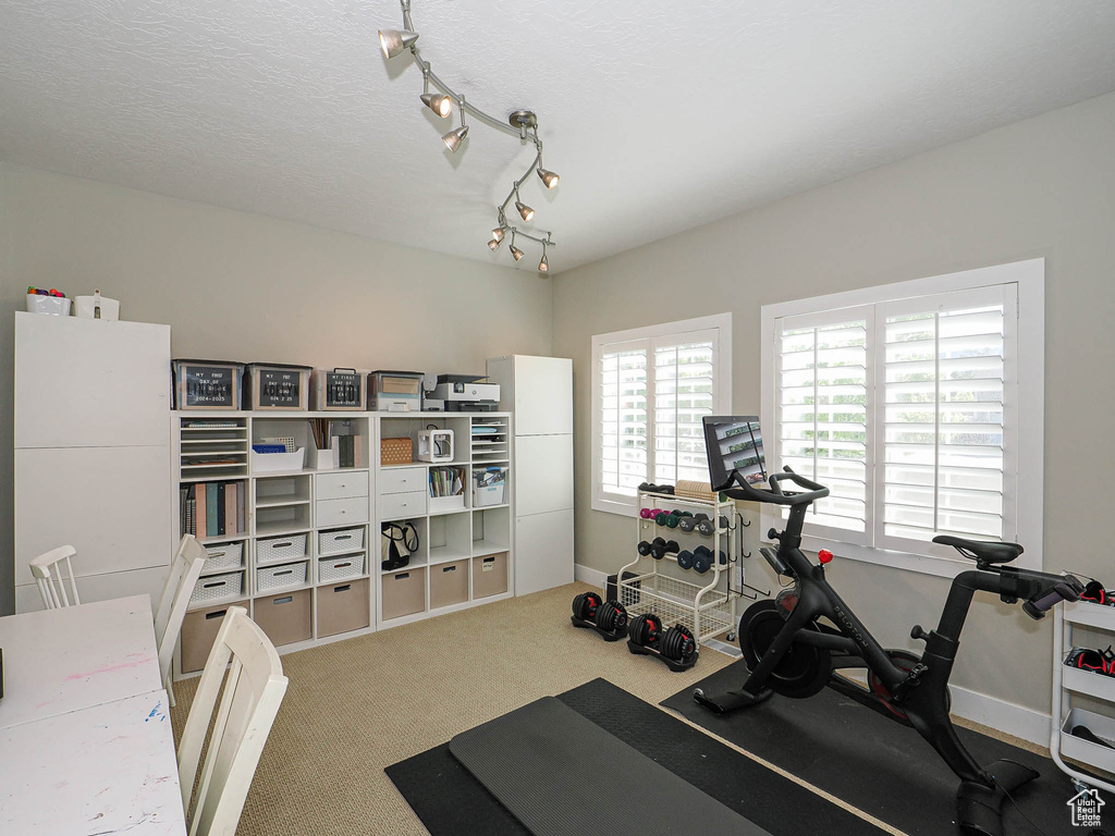 Workout area with carpet flooring and a textured ceiling