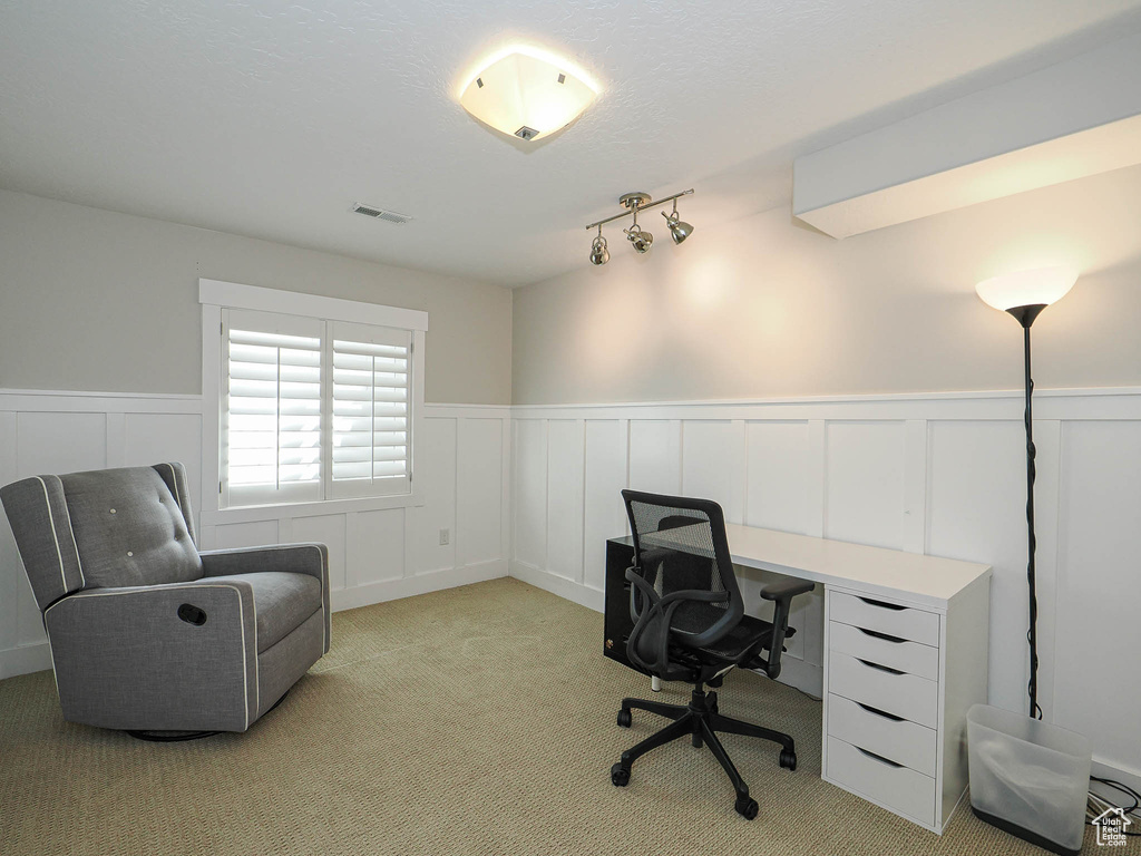 Office space featuring wainscoting, a decorative wall, and carpet