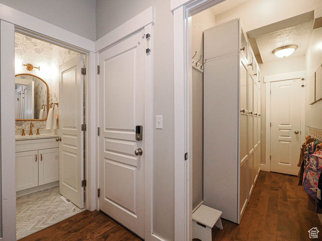 Corridor with dark wood-style flooring and a sink