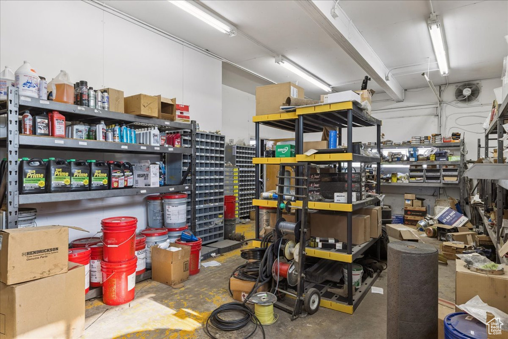Garage featuring a workshop area