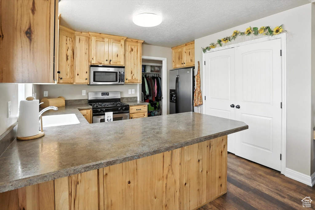 Kitchen with stainless steel appliances, a peninsula, light brown cabinetry, dark wood finished floors, and a textured ceiling
