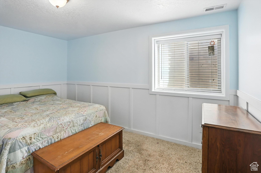 Bedroom with a wainscoted wall and carpet