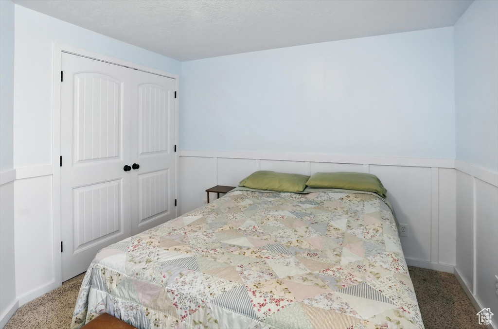 Bedroom featuring carpet floors, a closet, and wainscoting