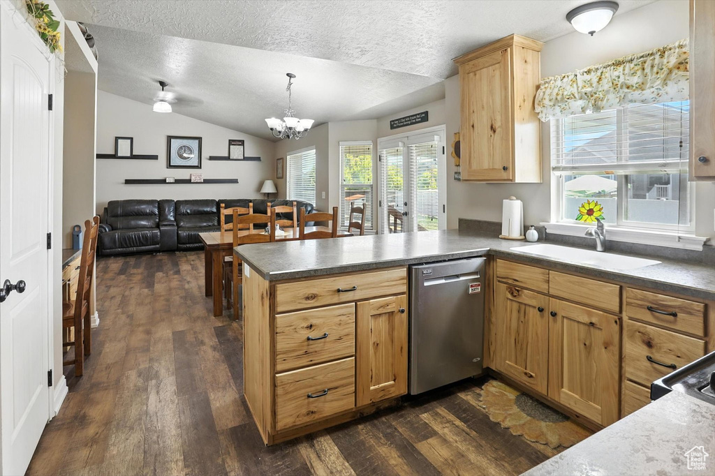 Kitchen featuring stainless steel dishwasher, dark wood-style flooring, a peninsula, a textured ceiling, and dark countertops