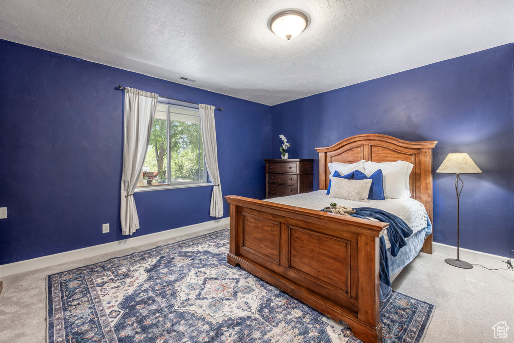 Bedroom featuring carpet flooring and a textured ceiling
