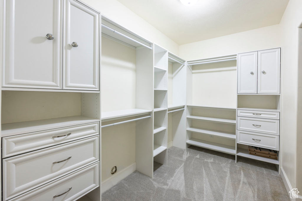 Spacious closet with light carpet