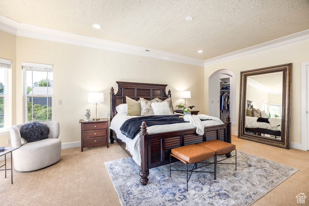 Bedroom with light colored carpet, a textured ceiling, ornamental molding, arched walkways, and a spacious closet