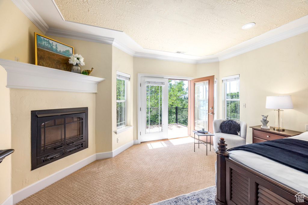 Bedroom featuring access to outside, carpet flooring, a glass covered fireplace, crown molding, and a textured ceiling