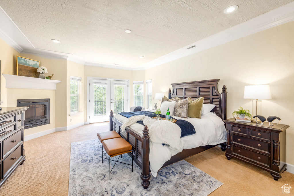 Bedroom featuring light carpet, access to exterior, ornamental molding, a textured ceiling, and a glass covered fireplace