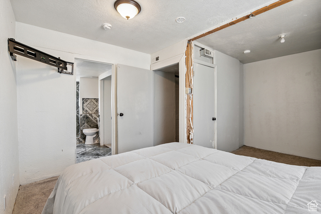 Bedroom with carpet floors and connected bathroom