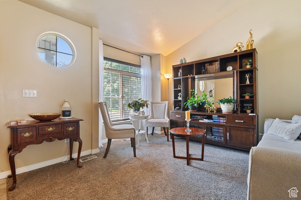 Living area with carpet floors and lofted ceiling