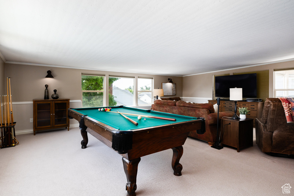 Recreation room with light colored carpet, pool table, and ornamental molding