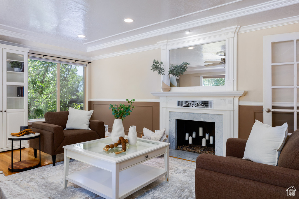 Living room with a high end fireplace, crown molding, a wainscoted wall, plenty of natural light, and wood finished floors