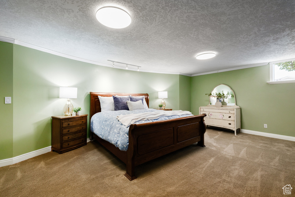 Carpeted bedroom with crown molding, rail lighting, and a textured ceiling